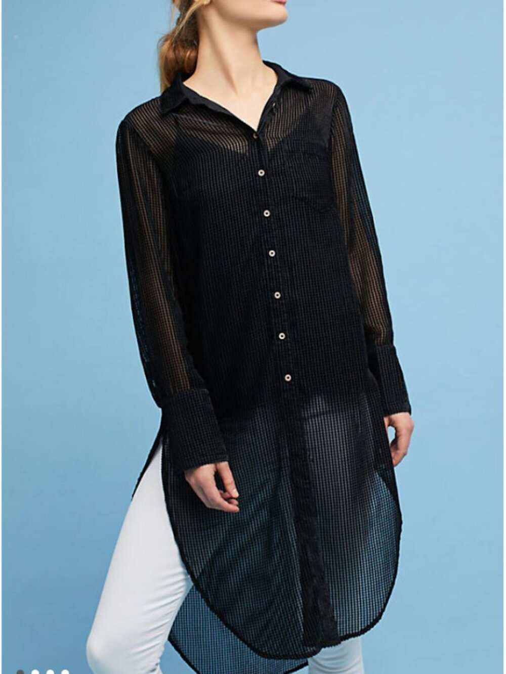 Akemi + Kin Anthropologie Black Sheer Longline Button Down Tunic | Women's XL